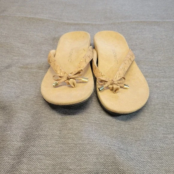 Vionic Bella Cork Bow Flip Flop9 Sandals Tan Gold Orthotic Thong Womens 8.5 Wide - Picture 2 of 7